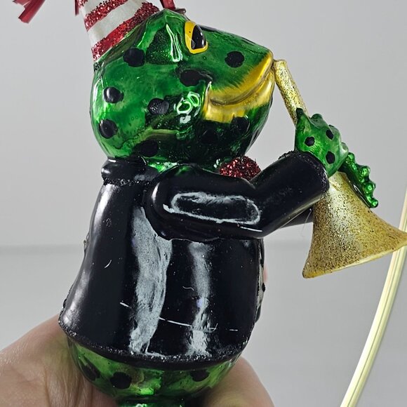 Frog Ornament Playing Trumpet With Party Hat & Tuxedo Glass - Picture 7 of 7